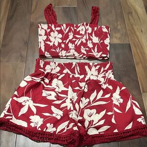 Elegant Red Floral Two-Piece Set